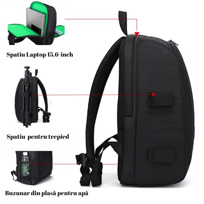 Rucsac camera Foto, VisionHub®, Pentru Camere Profesionale DSLR - Mirrorless, Camera Sport, Drona, Suport Trepied, obiective si accesorii, Laptop, Husa impermeabila, 30cm x 45cm, Negru Verde