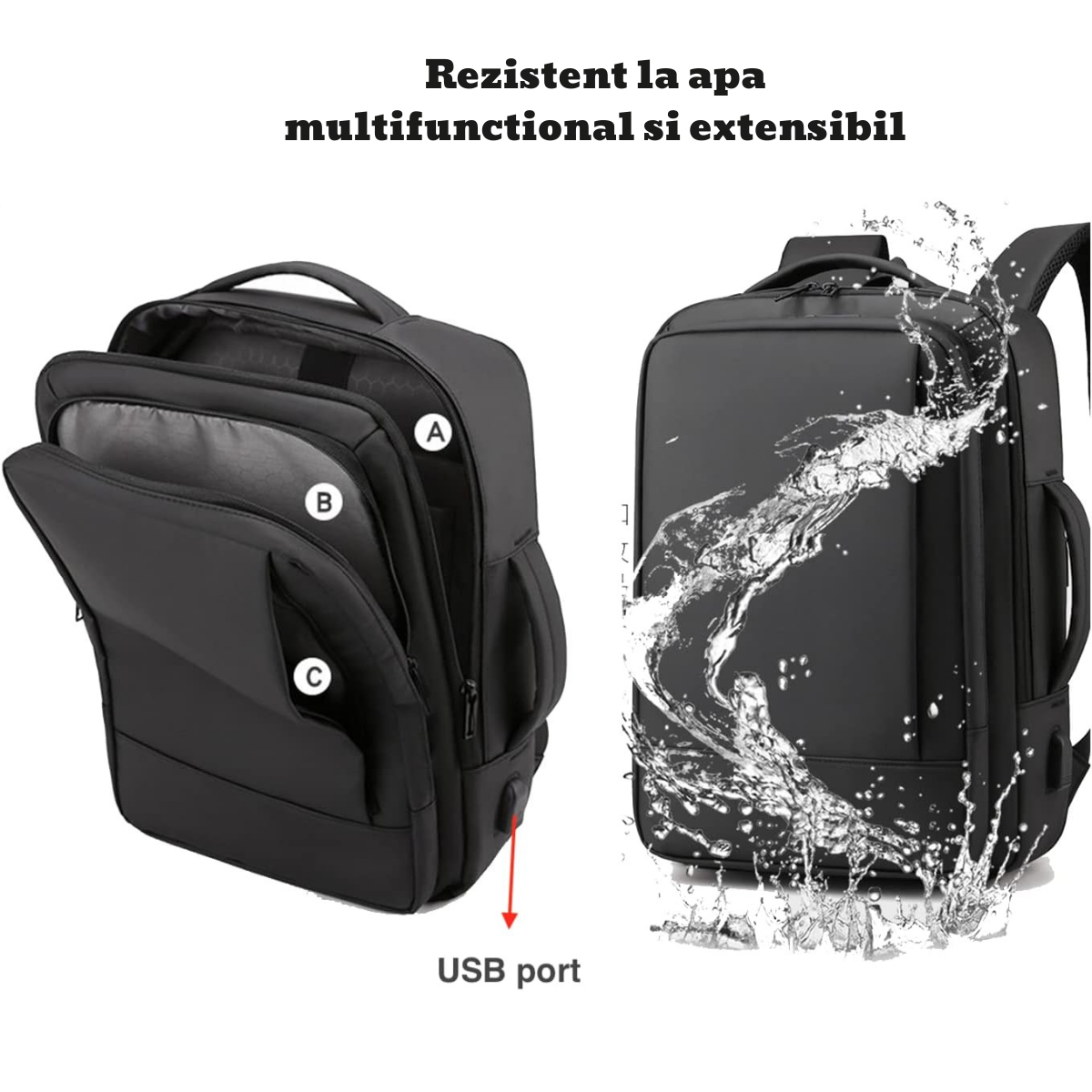 Rucsac multifunctional, Rezistent la apa, respirabil si spatios, cu Port de incarcare USB, smart casual pentru Business/ Calatorii si Laptop 15,6 inchi, VisionHub, 44cm X 32cm, Negru
