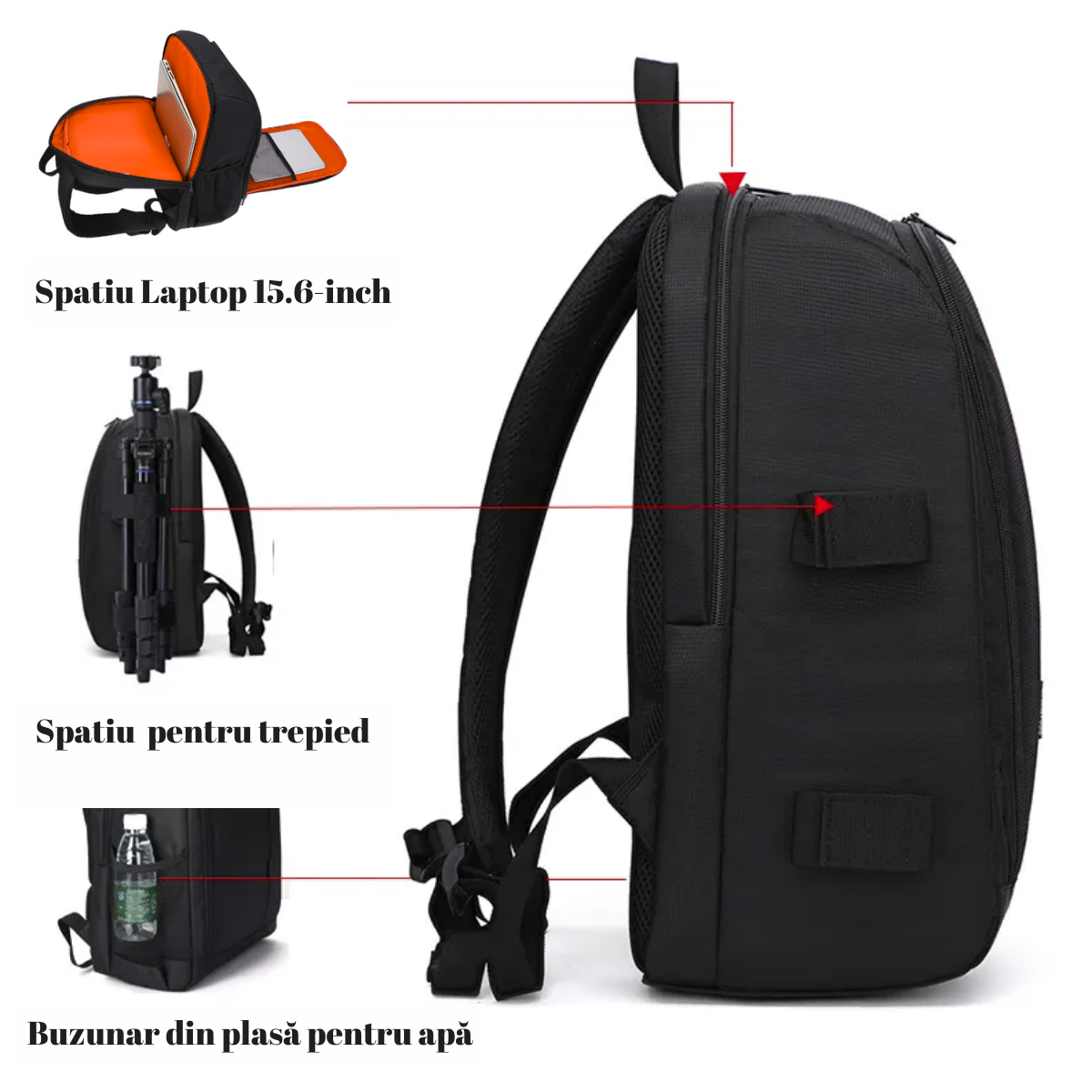 Rucsac Foto, VisionHub®, Pentru Camere Profesionale DSLR - Mirrorless, Camera Sport, Drona, Suport Trepied, Husa impermeabila, 30cm x 45cm, Negru Portocaliu