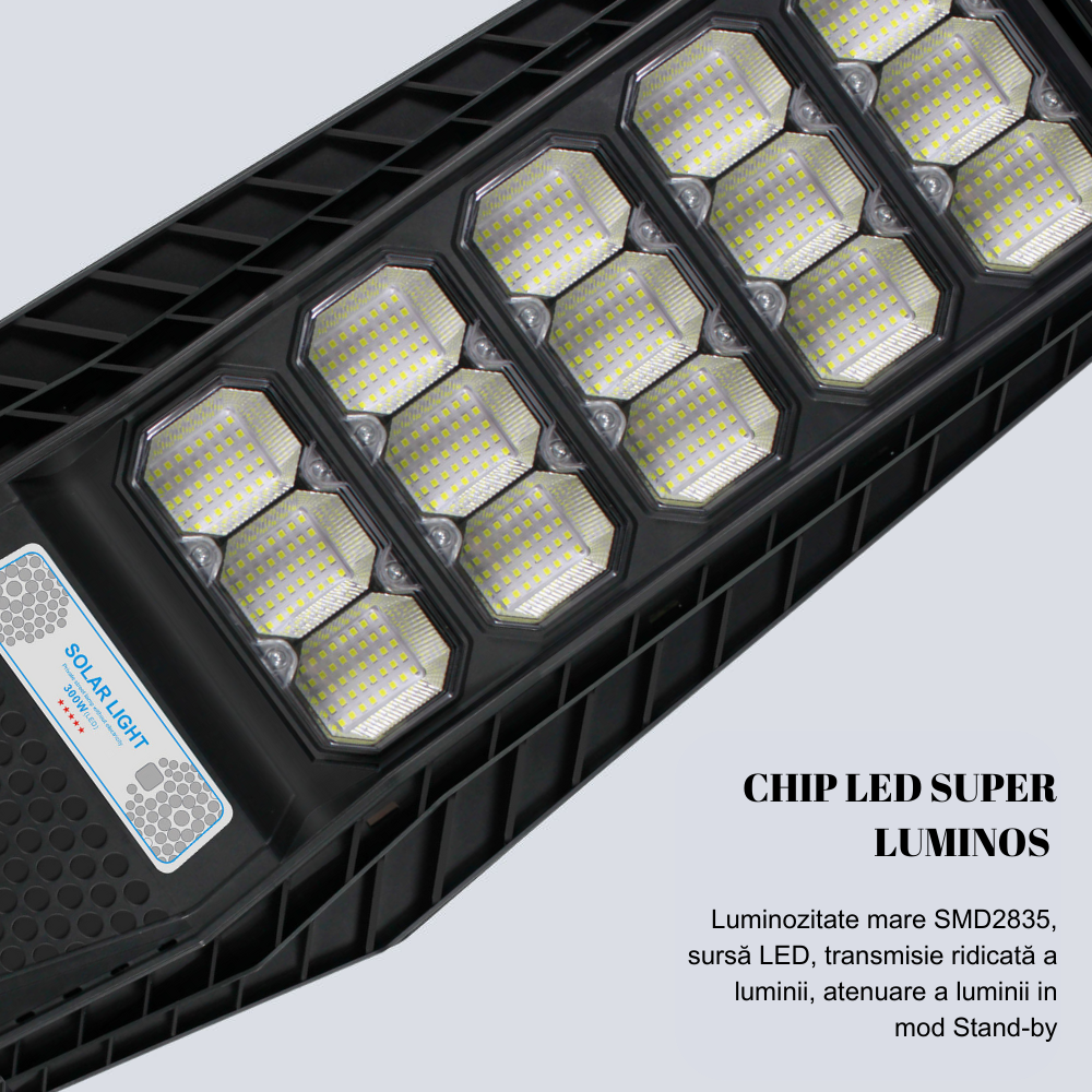 Lampa Solara Stradala 300W, VisionHub®, Proiector cu 600 LED-uri in 15 Casete, Incarcare cu Panou Solar incorporat, Telecomanda, cu Senzor de Miscare, Rezistenta IP67 la Apa, Suport metalic inclus, Negru