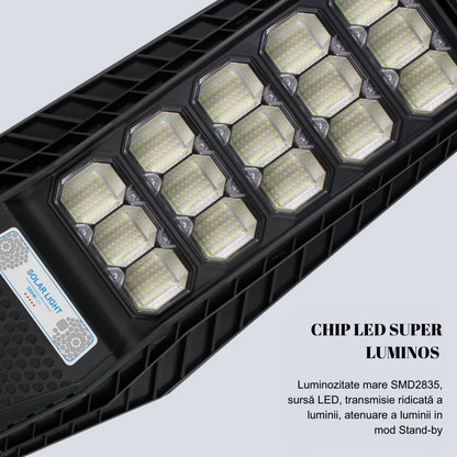 Lampa Solara Stradala 300W, VisionHub®, Proiector cu 600 LED-uri in 15 Casete, Incarcare cu Panou Solar incorporat, Telecomanda, cu Senzor de Miscare, Rezistenta IP67 la Apa, Suport metalic inclus, Negru