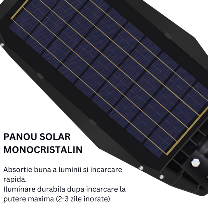 Lampa Solara Stradala 300W, VisionHub®, Proiector cu 600 LED-uri in 15 Casete, Incarcare cu Panou Solar incorporat, Telecomanda, cu Senzor de Miscare, Rezistenta IP67 la Apa, Suport metalic inclus, Negru