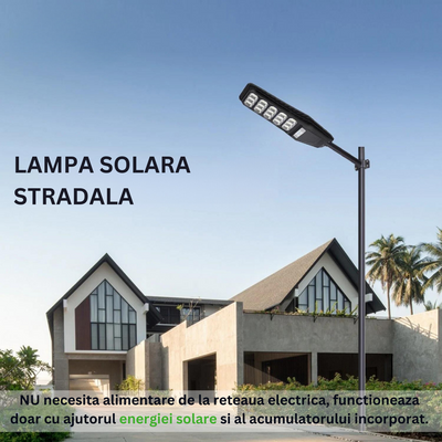 Lampa Solara Stradala 300W, VisionHub®, Proiector cu 600 LED-uri in 15 Casete, Incarcare cu Panou Solar incorporat, Telecomanda, cu Senzor de Miscare, Rezistenta IP67 la Apa, Suport metalic inclus, Negru