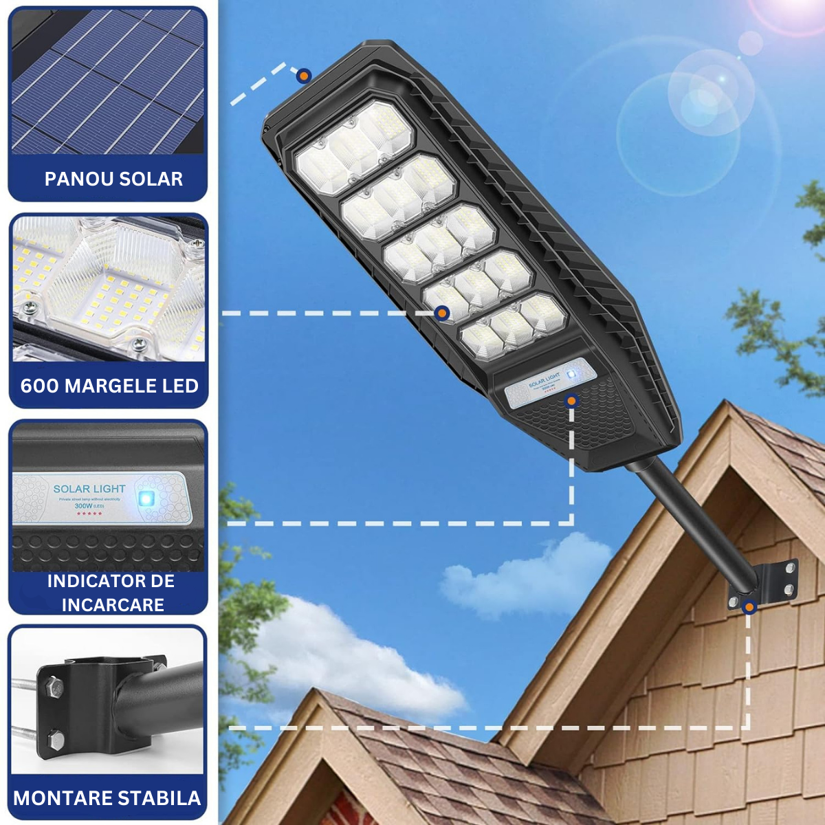 Lampa Solara Stradala 300W, VisionHub®, Proiector cu 600 LED-uri in 15 Casete, Incarcare cu Panou Solar incorporat, Telecomanda, cu Senzor de Miscare, Rezistenta IP67 la Apa, Suport metalic inclus, Negru
