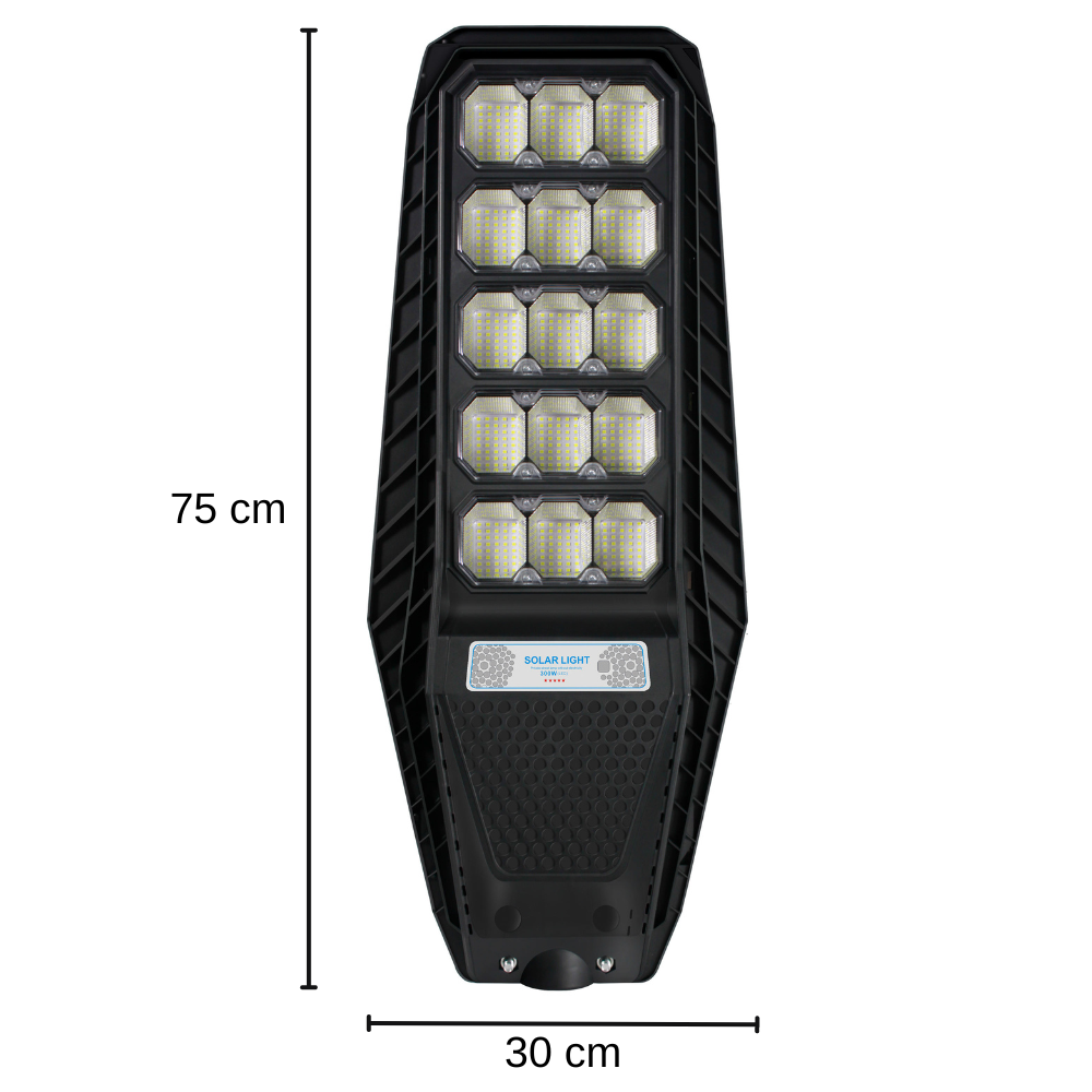 Lampa Solara Stradala 300W, VisionHub®, Proiector cu 600 LED-uri in 15 Casete, Incarcare cu Panou Solar incorporat, Telecomanda, cu Senzor de Miscare, Rezistenta IP67 la Apa, Suport metalic inclus, Negru