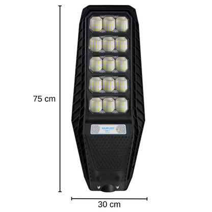 Lampa Solara Stradala 300W, VisionHub®, Proiector cu 600 LED-uri in 15 Casete, Incarcare cu Panou Solar incorporat, Telecomanda, cu Senzor de Miscare, Rezistenta IP67 la Apa, Suport metalic inclus, Negru