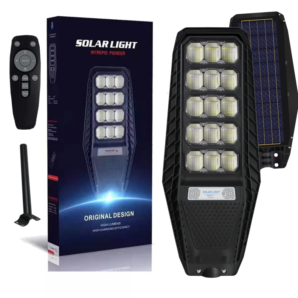 Lampa Solara Stradala 300W, VisionHub®, Proiector cu 600 LED-uri in 15 Casete, Incarcare cu Panou Solar incorporat, Telecomanda, cu Senzor de Miscare, Rezistenta IP67 la Apa, Suport metalic inclus, Negru