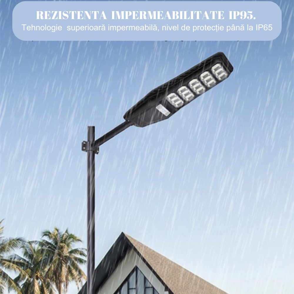 Lampa Solara Stradala 300W, VisionHub®, Proiector cu 600 LED-uri in 15 Casete, Incarcare cu Panou Solar incorporat, Telecomanda, cu Senzor de Miscare, Rezistenta IP67 la Apa, Suport metalic inclus, Negru