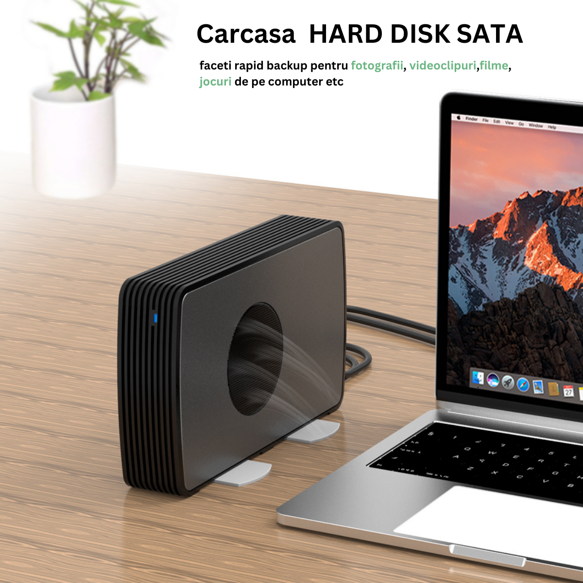 Carcasa pentru hard disk, FIDECO, din aluminiu cu ventilator de racire, Rack HDD/SSD SATA de 2,5/3,5 inchi, adaptor de alimentare, USB 3.0/ 5Gbps, suporta pana la 16TB