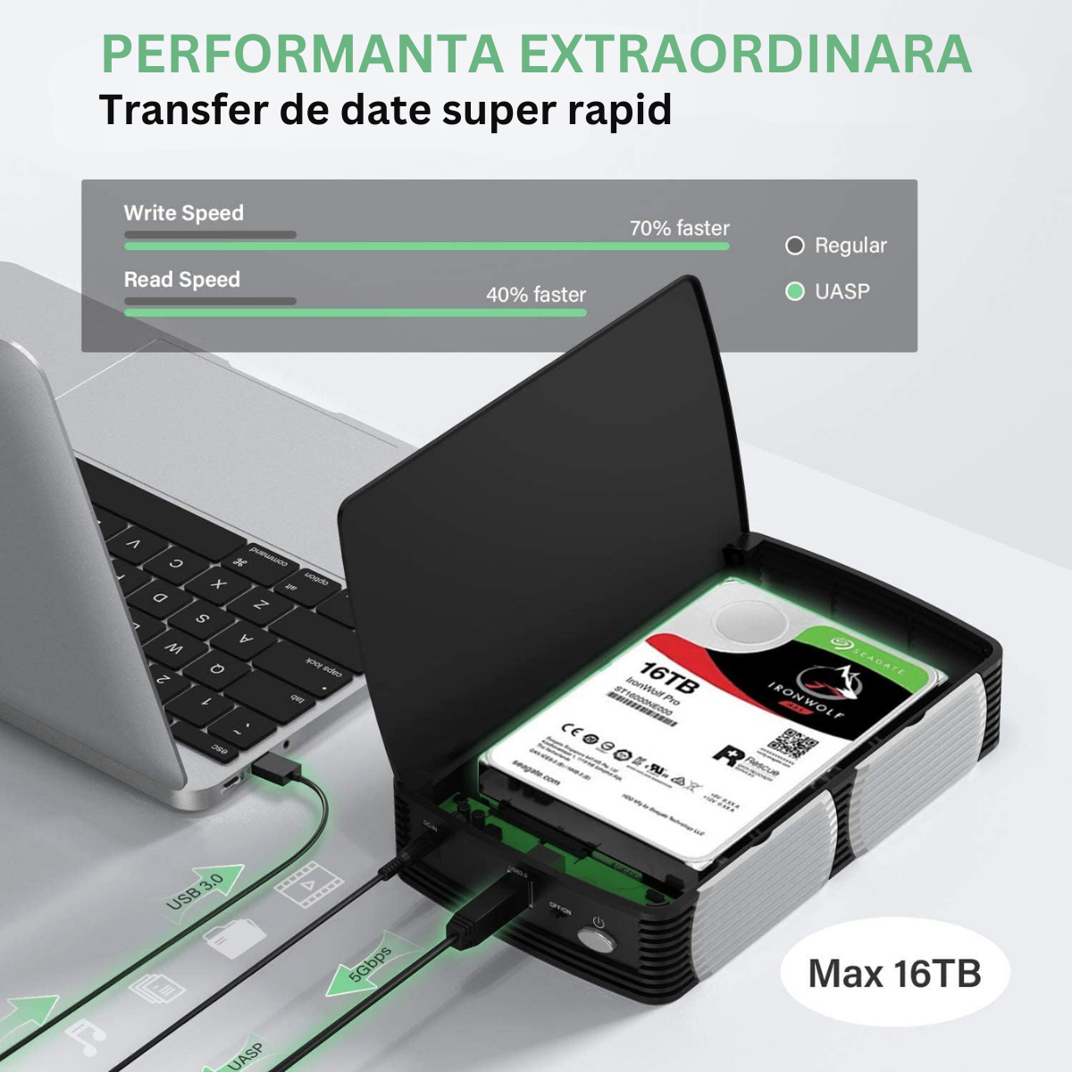 Carcasa pentru hard disk, FIDECO, din aluminiu cu ventilator de racire, Rack HDD/SSD SATA de 2,5/3,5 inchi, adaptor de alimentare, USB 3.0/ 5Gbps, suporta pana la 16TB