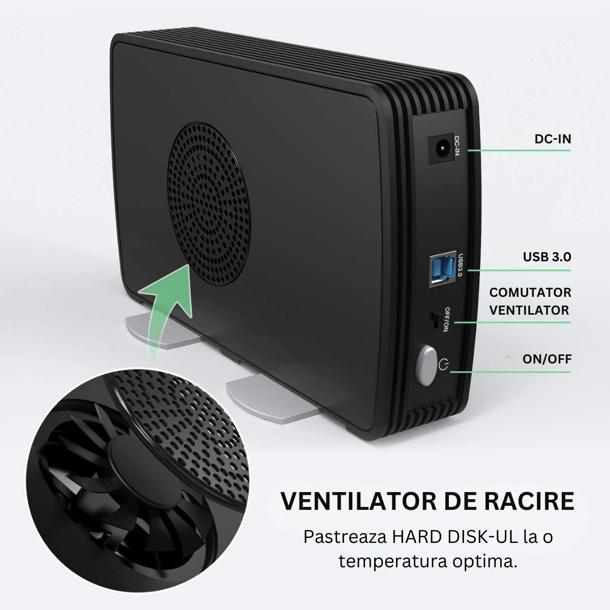 Carcasa pentru hard disk, FIDECO, din aluminiu cu ventilator de racire, Rack HDD/SSD SATA de 2,5/3,5 inchi, adaptor de alimentare, USB 3.0/ 5Gbps, suporta pana la 16TB