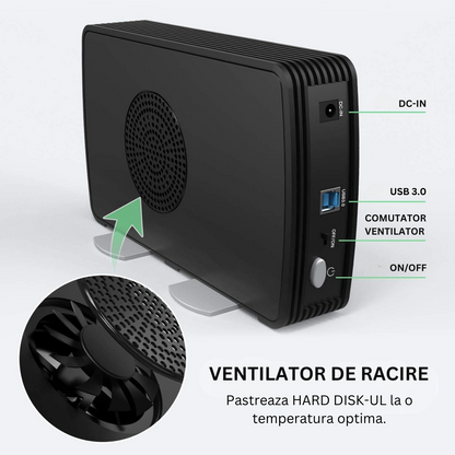 Carcasa pentru hard disk, FIDECO, din aluminiu cu ventilator de racire, Rack HDD/SSD SATA de 2,5/3,5 inchi, adaptor de alimentare, USB 3.0/ 5Gbps, suporta pana la 16TB