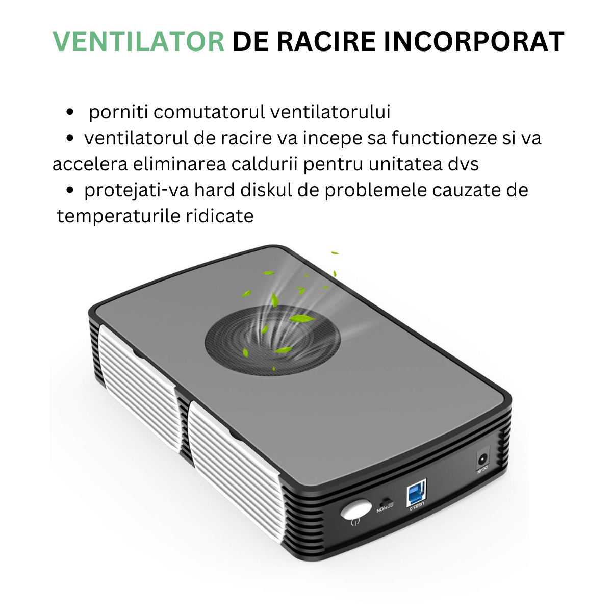 Carcasa pentru hard disk, FIDECO, din aluminiu cu ventilator de racire, Rack HDD/SSD SATA de 2,5/3,5 inchi, adaptor de alimentare, USB 3.0/ 5Gbps, suporta pana la 16TB