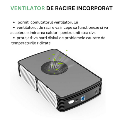 Carcasa pentru hard disk, FIDECO, din aluminiu cu ventilator de racire, Rack HDD/SSD SATA de 2,5/3,5 inchi, adaptor de alimentare, USB 3.0/ 5Gbps, suporta pana la 16TB