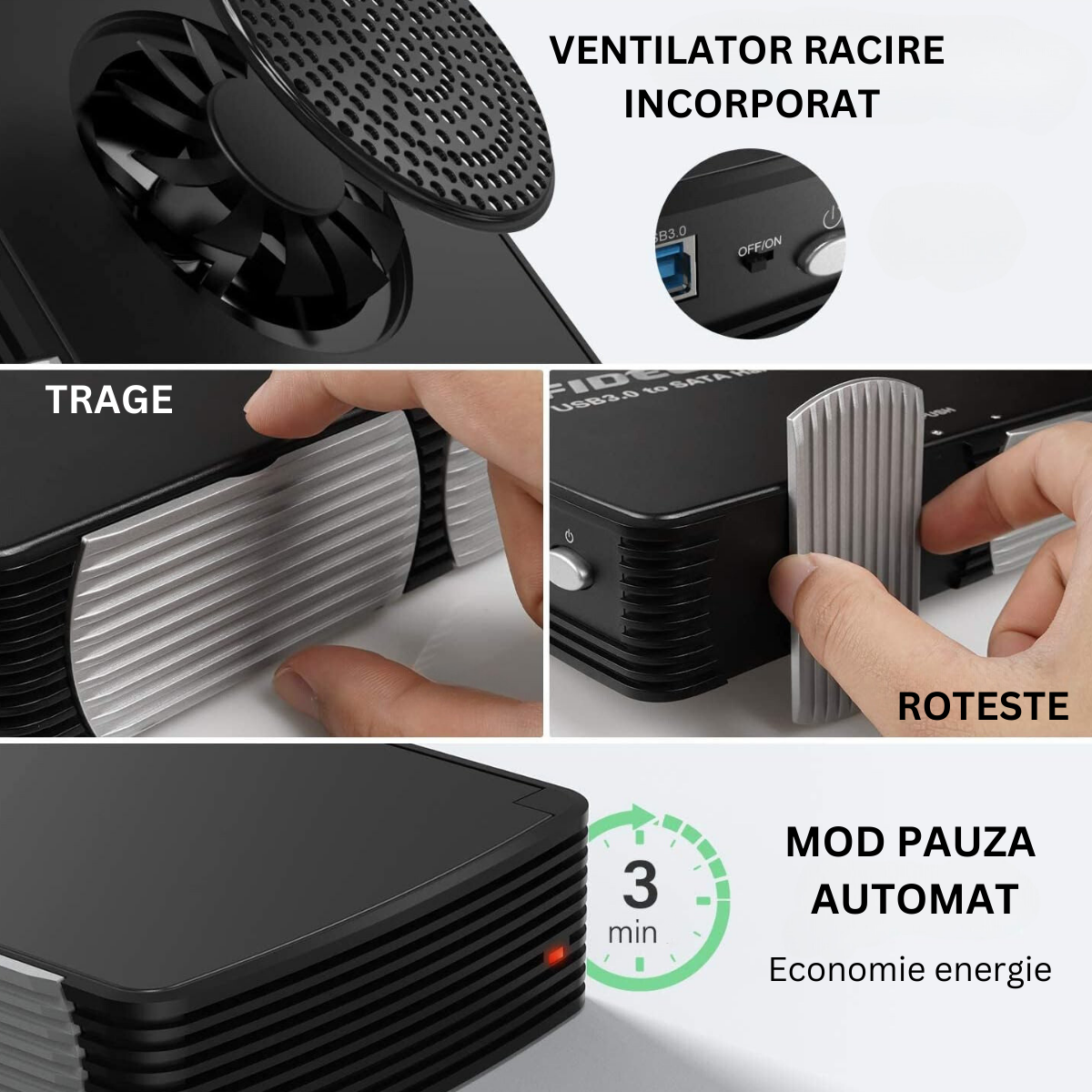Carcasa pentru hard disk, FIDECO, din aluminiu cu ventilator de racire, Rack HDD/SSD SATA de 2,5/3,5 inchi, adaptor de alimentare, USB 3.0/ 5Gbps, suporta pana la 16TB