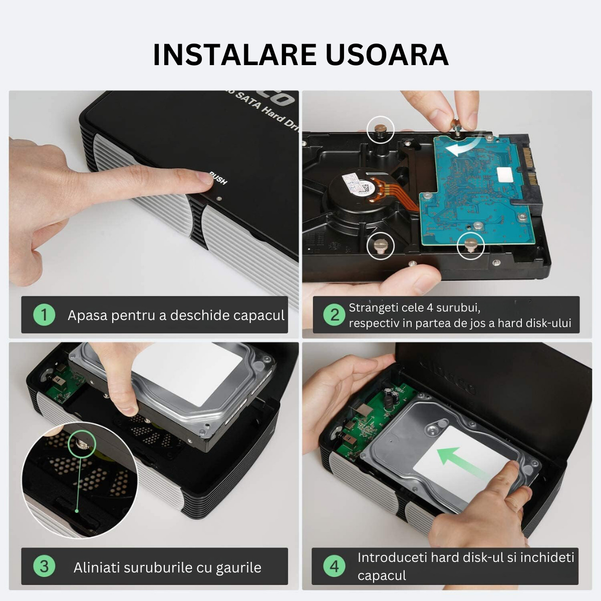 Carcasa pentru hard disk, FIDECO, din aluminiu cu ventilator de racire, Rack HDD/SSD SATA de 2,5/3,5 inchi, adaptor de alimentare, USB 3.0/ 5Gbps, suporta pana la 16TB