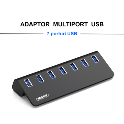 Hub USB Cu 7 porturi USB 3.0, FIDECO, Type-C, Adaptor Multiport portabil, din Aluminiu, 350mb/s, alimentare PC/Priza, 5 Gbps, Negru