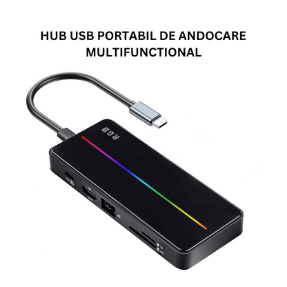 Hub USB portabil de andocare multifunctional, VisionHub®, 8 in 1 USB C, Port Internet, Cititor de carduri SD/TF, HDMI 4k, UBS 3.0, RGB cu luminare LED din aluminiu, pentru laptop