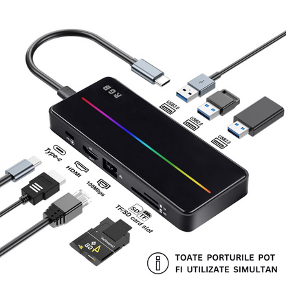Hub USB portabil de andocare multifunctional, VisionHub®, 8 in 1 USB C, Port Internet, Cititor de carduri SD/TF, HDMI 4k, UBS 3.0, RGB cu luminare LED din aluminiu, pentru laptop