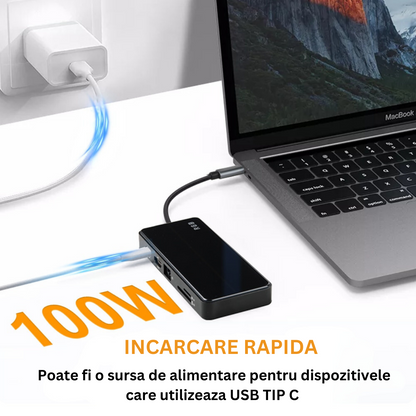 Hub USB portabil de andocare multifunctional, VisionHub®, 8 in 1 USB C, Port Internet, Cititor de carduri SD/TF, HDMI 4k, UBS 3.0, RGB cu luminare LED din aluminiu, pentru laptop