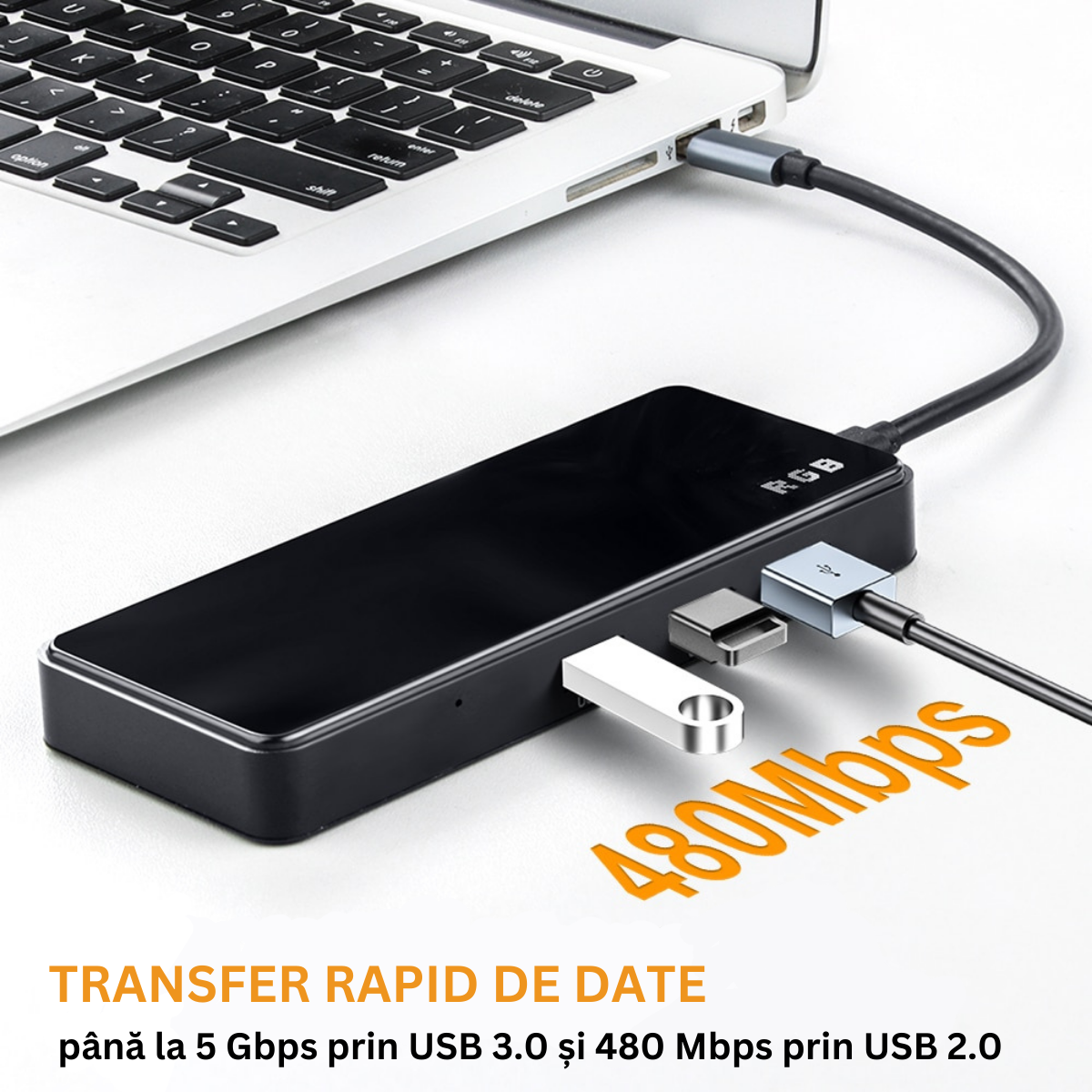 Hub USB portabil de andocare multifunctional, VisionHub®, 8 in 1 USB C, Port Internet, Cititor de carduri SD/TF, HDMI 4k, UBS 3.0, RGB cu luminare LED din aluminiu, pentru laptop