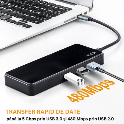Hub USB portabil de andocare multifunctional, VisionHub®, 8 in 1 USB C, Port Internet, Cititor de carduri SD/TF, HDMI 4k, UBS 3.0, RGB cu luminare LED din aluminiu, pentru laptop