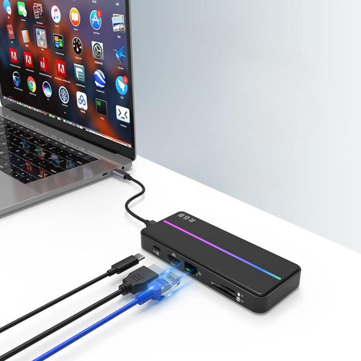 Hub USB portabil de andocare multifunctional, VisionHub®, 8 in 1 USB C, Port Internet, Cititor de carduri SD/TF, HDMI 4k, UBS 3.0, RGB cu luminare LED din aluminiu, pentru laptop