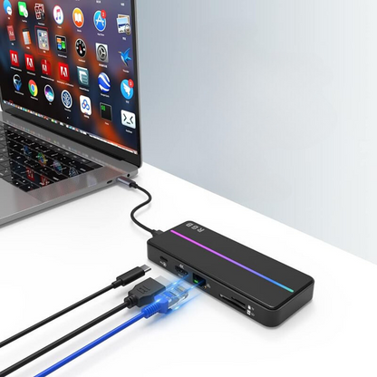 Hub USB portabil de andocare multifunctional, VisionHub®, 8 in 1 USB C, Port Internet, Cititor de carduri SD/TF, HDMI 4k, UBS 3.0, RGB cu luminare LED din aluminiu, pentru laptop