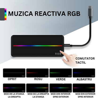 Hub USB portabil de andocare multifunctional, VisionHub®, 8 in 1 USB C, Port Internet, Cititor de carduri SD/TF, HDMI 4k, UBS 3.0, RGB cu luminare LED din aluminiu, pentru laptop