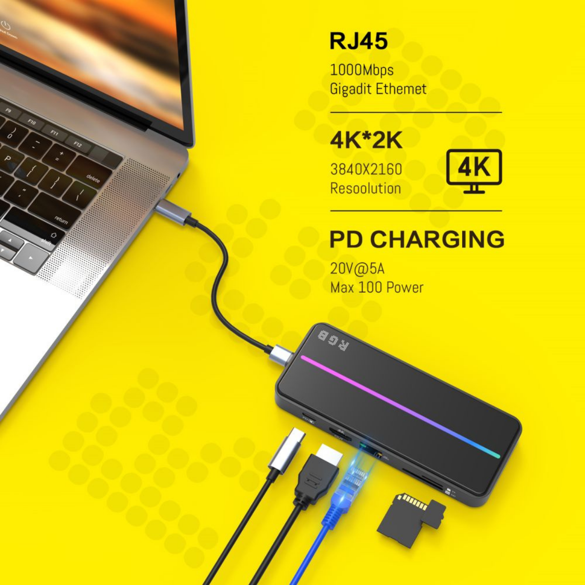 Hub USB portabil de andocare multifunctional, VisionHub®, 8 in 1 USB C, Port Internet, Cititor de carduri SD/TF, HDMI 4k, UBS 3.0, RGB cu luminare LED din aluminiu, pentru laptop