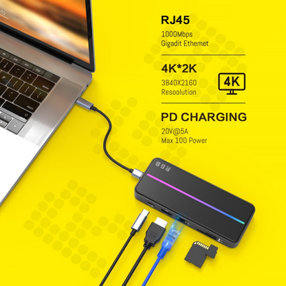 Hub USB portabil de andocare multifunctional, VisionHub®, 8 in 1 USB C, Port Internet, Cititor de carduri SD/TF, HDMI 4k, UBS 3.0, RGB cu luminare LED din aluminiu, pentru laptop