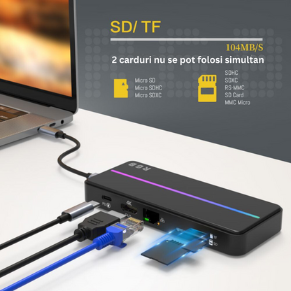 Hub USB portabil de andocare multifunctional, VisionHub®, 8 in 1 USB C, Port Internet, Cititor de carduri SD/TF, HDMI 4k, UBS 3.0, RGB cu luminare LED din aluminiu, pentru laptop
