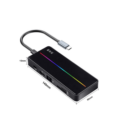 Hub USB portabil de andocare multifunctional, VisionHub®, 8 in 1 USB C, Port Internet, Cititor de carduri SD/TF, HDMI 4k, UBS 3.0, RGB cu luminare LED din aluminiu, pentru laptop