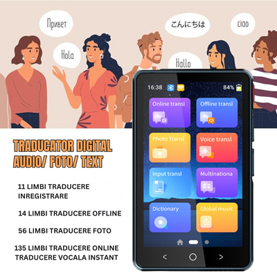 Traducator intelligent bidirectional in timp real, Traducere vocala instantanee online in 135 de limbi, translator cu WIFI sau hotspot VisionHub®, ecran tactil HD de 4, 0 inchi, traducere offline, a fotografiilor, 8Gb