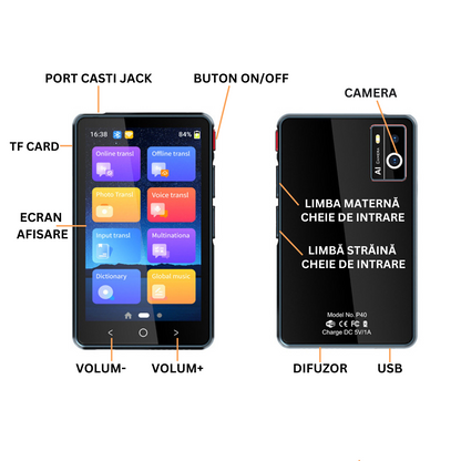 Traducator intelligent bidirectional in timp real, Traducere vocala instantanee online in 135 de limbi, translator cu WIFI sau hotspot VisionHub®, ecran tactil HD de 4, 0 inchi, traducere offline, a fotografiilor, 8Gb