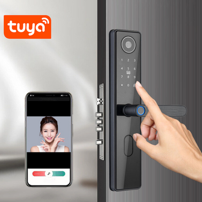 Yala inteligenta Wireless Premium VisionHub® cu camera video, control de la distanta WiFi, broasca inclusa, acces prin Aplicatie, Card, Amprenta, Parola, Cheie, alarma efractie, aplicatie telefon Android si IOS