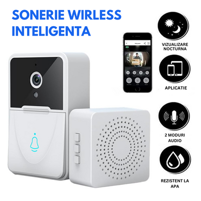 Sonerie cu Interfon Video Smart Wireless fara fir VisionHub®, Camera Video 1080P HD cu Vedere nocturna, Impermeabila IP65, convorbire in 2 sensuri, control la distanta prin aplicatie Android/iOS, WiFi, Alerta Vizuala, Alba