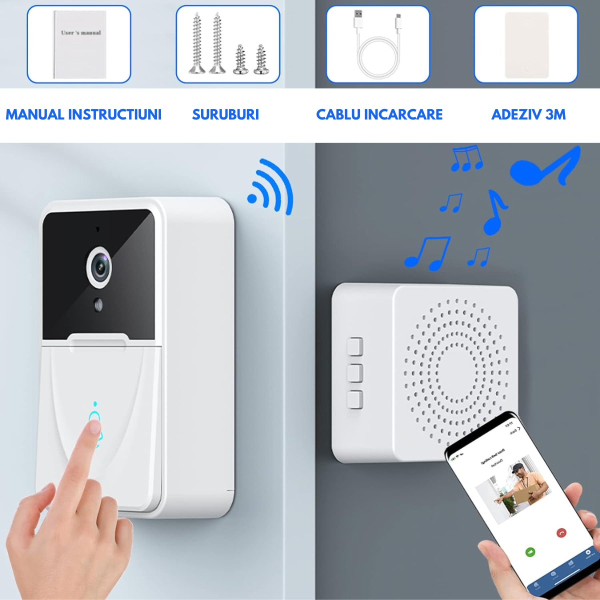 Sonerie cu Interfon Video Smart Wireless fara fir VisionHub®, Camera Video 1080P HD cu Vedere nocturna, Impermeabila IP65, convorbire in 2 sensuri, control la distanta prin aplicatie Android/iOS, WiFi, Alerta Vizuala, Alba