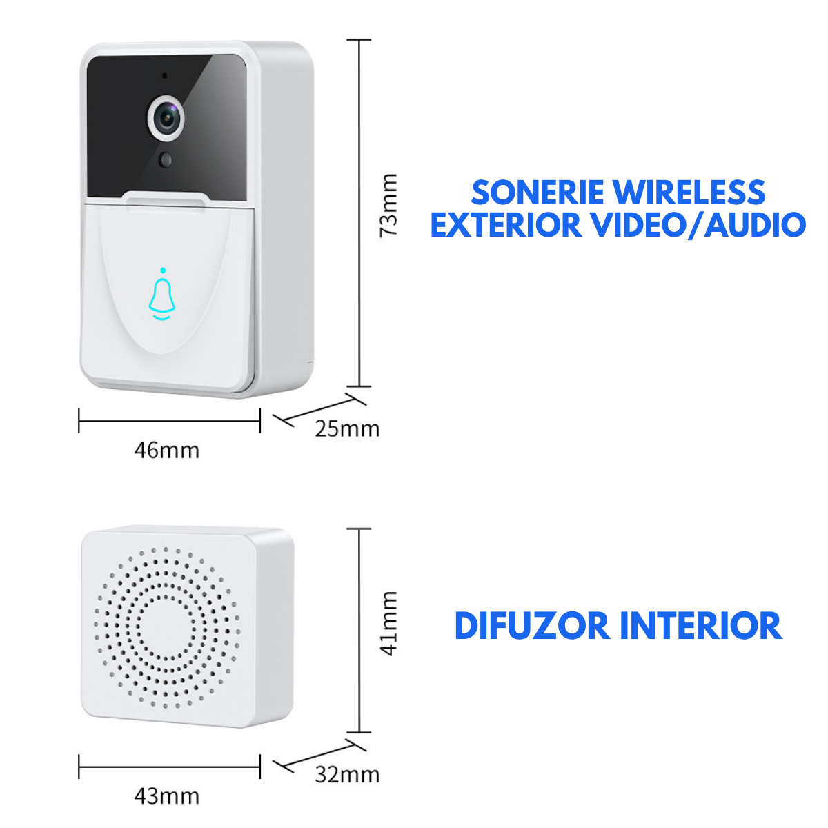 Sonerie cu Interfon Video Smart Wireless fara fir VisionHub®, Camera Video 1080P HD cu Vedere nocturna, Impermeabila IP65, convorbire in 2 sensuri, control la distanta prin aplicatie Android/iOS, WiFi, Alerta Vizuala, Alba