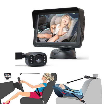 Camera video auto HD pentru monitorizare a bebelusilor si copiilor pentru scaunul din spate al masinii, Baby monitor cu rezolutie 1080p reglabil LCD de 5 inch VisionHub®, cu functie de vedere nocturna, alimentare 12V