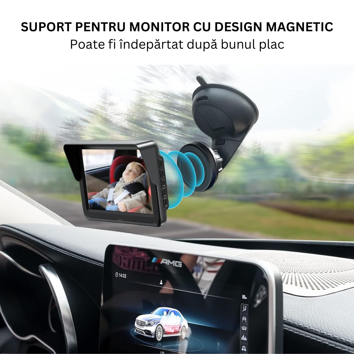 Camera video auto HD pentru monitorizare a bebelusilor si copiilor pentru scaunul din spate al masinii, Baby monitor cu rezolutie 1080p reglabil LCD de 5 inch VisionHub®, cu functie de vedere nocturna, alimentare 12V