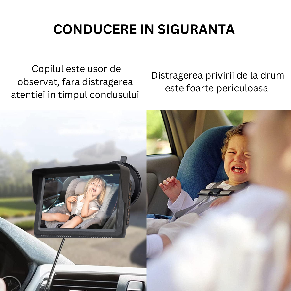 Camera video auto HD pentru monitorizare a bebelusilor si copiilor pentru scaunul din spate al masinii, Baby monitor cu rezolutie 1080p reglabil LCD de 5 inch VisionHub®, cu functie de vedere nocturna, alimentare 12V