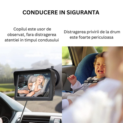 Camera video auto HD pentru monitorizare a bebelusilor si copiilor pentru scaunul din spate al masinii, Baby monitor cu rezolutie 1080p reglabil LCD de 5 inch VisionHub®, cu functie de vedere nocturna, alimentare 12V