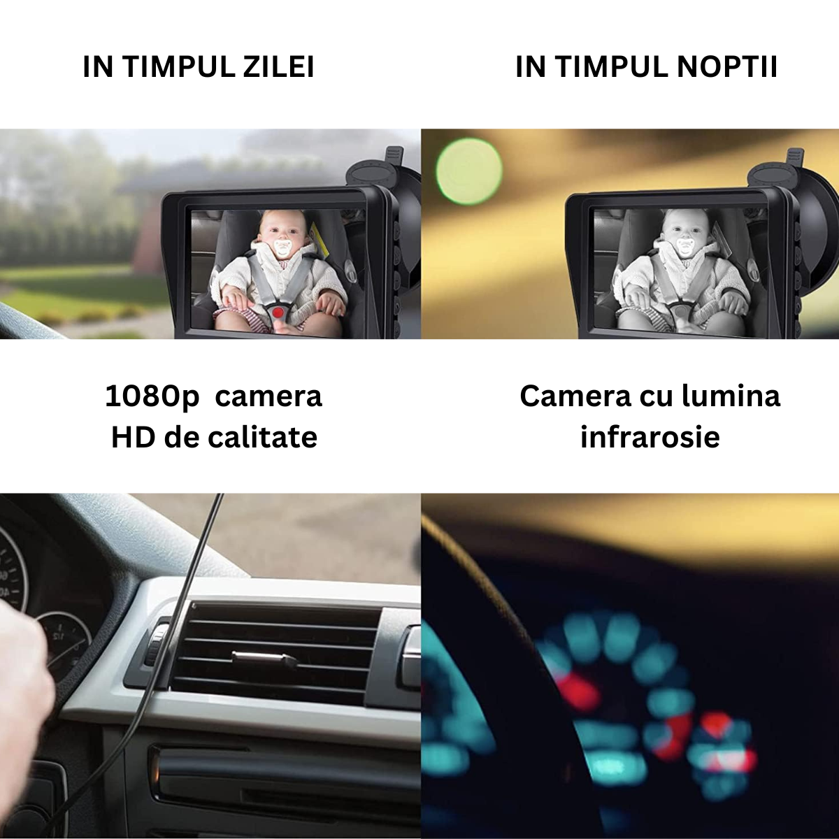 Camera video auto HD pentru monitorizare a bebelusilor si copiilor pentru scaunul din spate al masinii, Baby monitor cu rezolutie 1080p reglabil LCD de 5 inch VisionHub®, cu functie de vedere nocturna, alimentare 12V