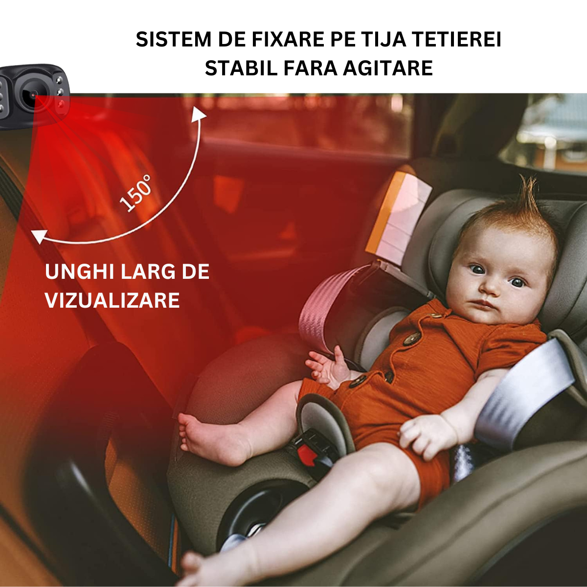 Camera video auto HD pentru monitorizare a bebelusilor si copiilor pentru scaunul din spate al masinii, Baby monitor cu rezolutie 1080p reglabil LCD de 5 inch VisionHub®, cu functie de vedere nocturna, alimentare 12V