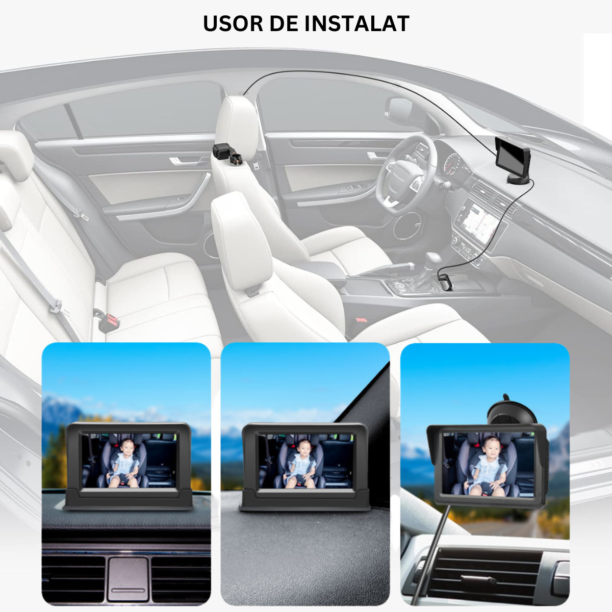 Camera video auto HD pentru monitorizare a bebelusilor si copiilor pentru scaunul din spate al masinii, Baby monitor cu rezolutie 1080p reglabil LCD de 5 inch VisionHub®, cu functie de vedere nocturna, alimentare 12V
