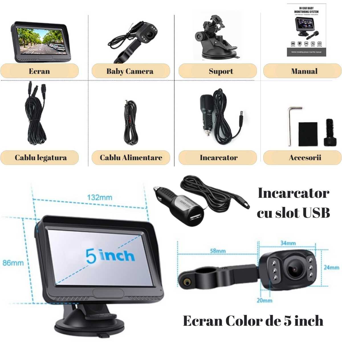 Camera video auto HD pentru monitorizare a bebelusilor si copiilor pentru scaunul din spate al masinii, Baby monitor cu rezolutie 1080p reglabil LCD de 5 inch VisionHub®, cu functie de vedere nocturna, alimentare 12V