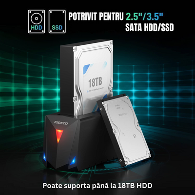 Statie de andocare USB 3.0 pentru hard disk 2.5 sau 3.5 inch SATA I/II/III HDD SSD, carcasa pentru hard disk cu functie de clonare offline, adaptor de alimentare de 12 V, capacitate maxima de 18TB, viteza de 5Gbps