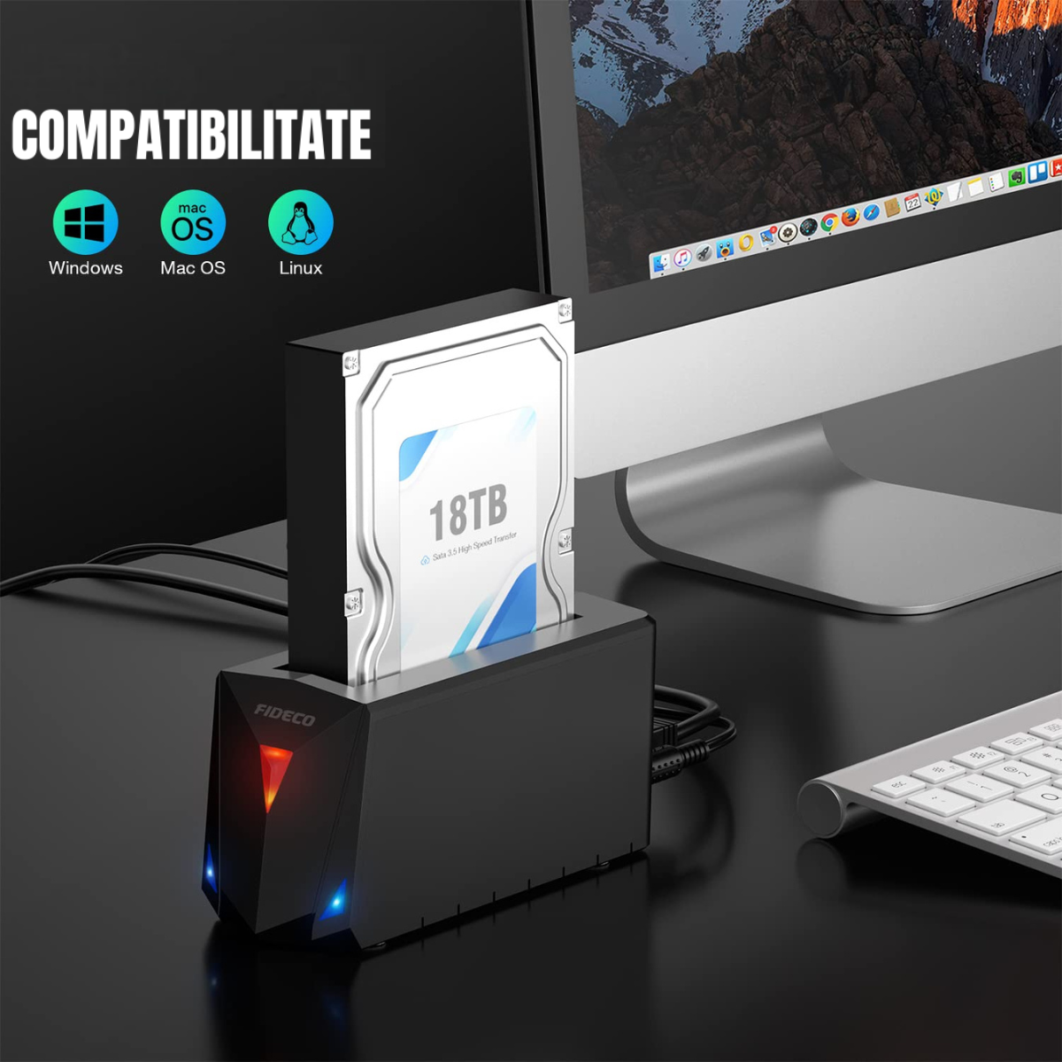 Statie de andocare USB 3.0 pentru hard disk 2.5 sau 3.5 inch SATA I/II/III HDD SSD, carcasa pentru hard disk cu functie de clonare offline, adaptor de alimentare de 12 V, capacitate maxima de 18TB, viteza de 5Gbps