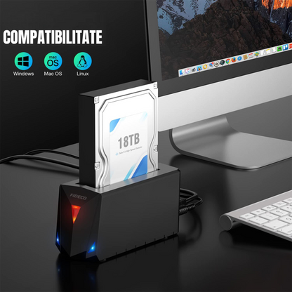 Statie de andocare USB 3.0 pentru hard disk 2.5 sau 3.5 inch SATA I/II/III HDD SSD, carcasa pentru hard disk cu functie de clonare offline, adaptor de alimentare de 12 V, capacitate maxima de 18TB, viteza de 5Gbps